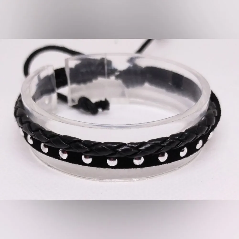 Men's bracelet leather braided layered black new‎ e79